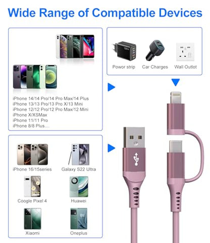 USB to USB C and Lightning Pink Car Charger Cable (Pink)