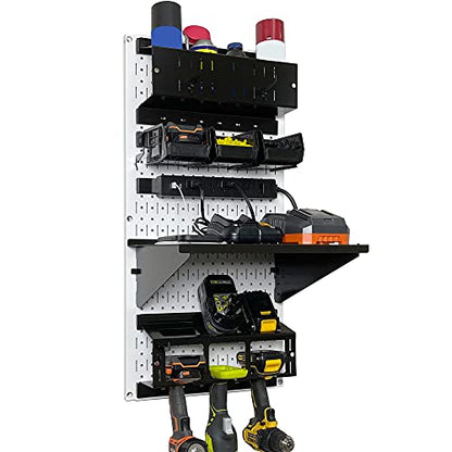 Power Tool Storage Organizer Kit Cordless Drill Holder Charging Station Rack 16” x 32” Metal Pegboard Organization System (White Pegboard)