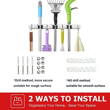 2 Pack Broom Holder Wall Mount Stainless Steel Mop Organizer (Stainless Steel - 3 Racks with 4 Hooks / 2 Pack)