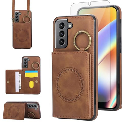 Compatible with Samsung Galaxy S21 5G 6.2 inch Wallet Case and Screen Protector Crossbody Shoulder Strap Ring Buckle Stand Card Holder Magnetic Car Mount Phone Cover for S 21 21S G5 Women Men Brown (Brown / for S21)
