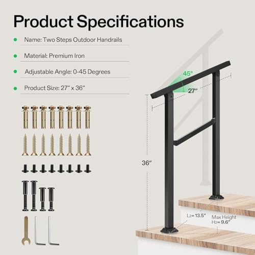 2 Step Stair Handrail 26"x36" Wrought Iron Porch Railing Black (Black / 2 Steps)