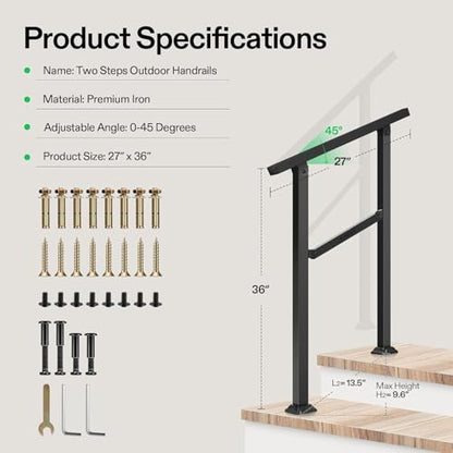 2 Step Stair Handrail 26"x36" Wrought Iron Porch Railing Black (Black / 2 Steps)