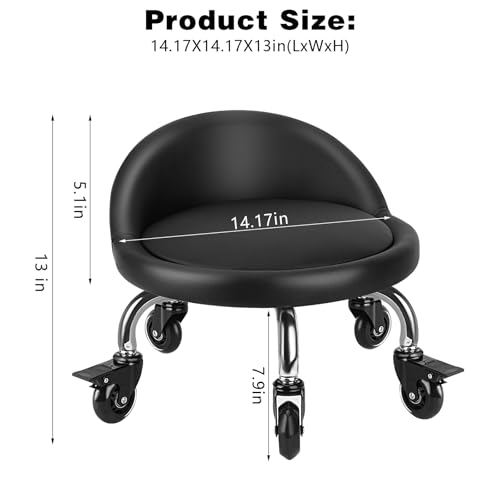 Rolling Stool with Backrest Low Height Rolling Stool with PU Leather (3.2"h Casters)