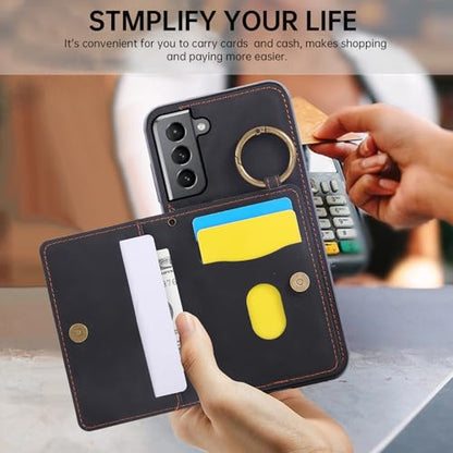 Compatible with Samsung Galaxy S21 Plus S21+ 5G Wallet Case Screen Protector Crossbody Shoulder Strap Ring Buckle Stand Card Holder Magnetic Car Mount Phone Cover for S21+5G S21plus Women Men Black (Black / for S21 Plus)