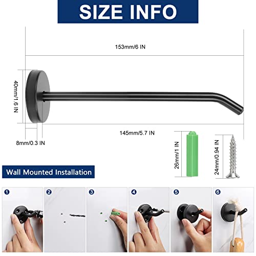 Coat Hooks Wall Mount Hooks for Hanging Hat Hurse Robe (Matte Black / 6 Inch (Wall))