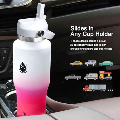 32oz Water Bottle Wide Mouth Stainless Steel Vacuum Insulated Double Wall with 2 Straw Lids Fit in Any Car Cup Holder TXIN (White&Pink / 32 Ounces)