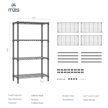 1000 lbs 4 Tier Shelf Metal Storage Shelves Shelving Wire Rack Heavy Duty Closet Organizers for Garage Kitchen Bathroom Laundry Black 15.7" D x 33.5" W x 59.5" H (4 tier, 15.7" D x 33.5" W x 59.5" H / Black)