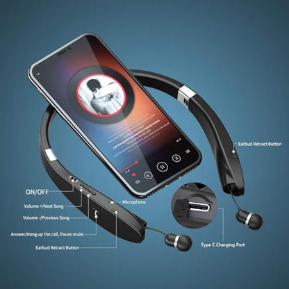 Foldable Bluetooth Headphones Wireless Neckband Headset with Retractable Earbuds (Black)