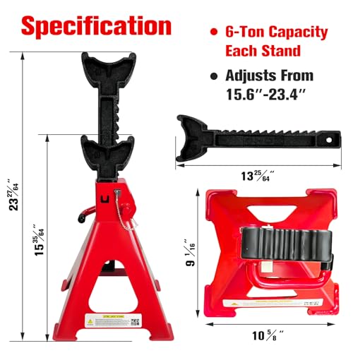 Jack Stands 6 Ton (6 Ton Double Pin Locking with Rubber Pads / Red)