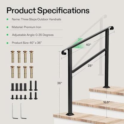 3 Step Stair Handrail 40"x36" Wrought Iron with Curved Ends Black (Black / 3 Steps)