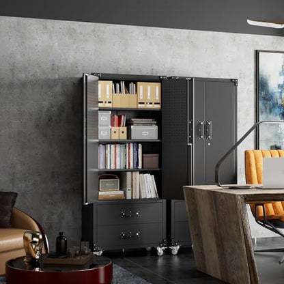 Rolling Storage Cabinet with 2 Doors and 2 Drawers (Black / 15.2"D x 30"W x 71.2"H)
