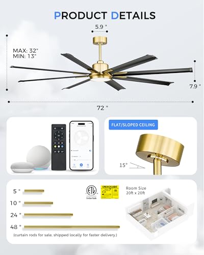 72 Inch Large Ceiling Fan with Light (Black & Gold / 72 Inch)