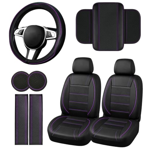 10 PCS Leather Car Seat Covers Front Seats Set (Steering Wheel Cover Set / Black and purple)