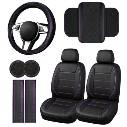 10 PCS Leather Car Seat Covers Front Seats Set (Steering Wheel Cover Set / Black and purple)