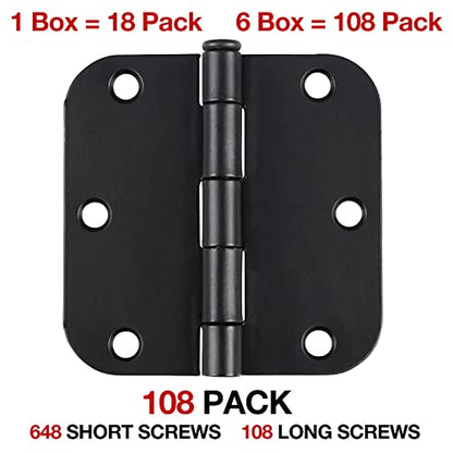 Rounded Door Hinges Matte Black 3.5" 5 (Matte Black-Rounded / 108 Pack)