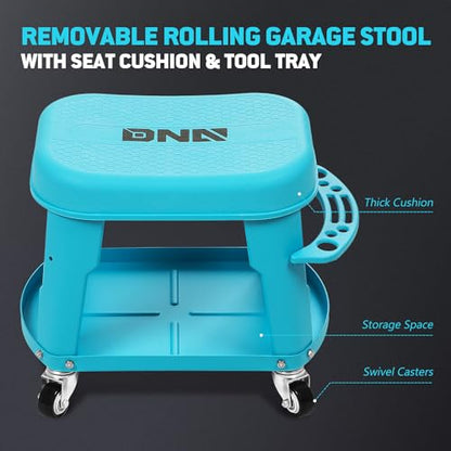 Removable Rolling Garage Stool with Seat Cushion & Tool Tray Plate (Blue)