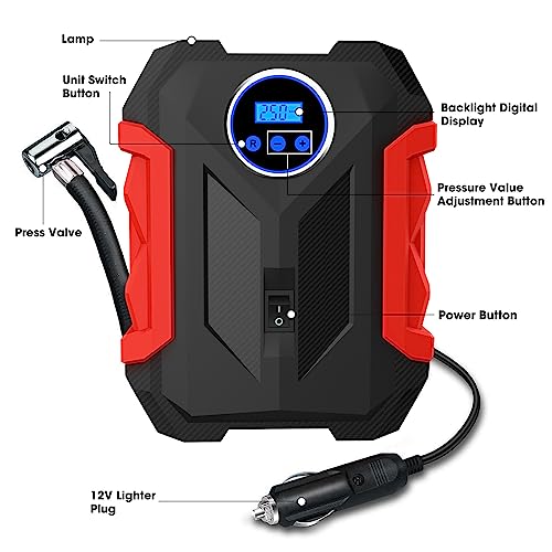 Digital Air Compressor for Car Auto Pump Portable Tire Inflator with LED Light DC 12V (Red)