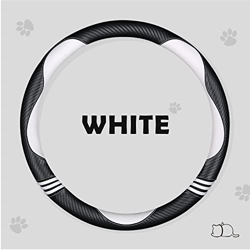 Car Steering Wheel Covers for Women Girl Padded Carbon Fiber PU Leather Cute Cartoon Auto Interior Accessories for Jeep (White+Black / Large Size[15.2-16"](38.6-40.5cm))