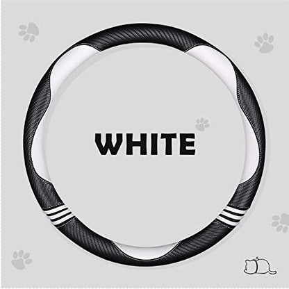 Car Steering Wheel Covers for Women Girl Padded Carbon Fiber PU Leather Cute Cartoon Auto Interior Accessories for Jeep (White+Black / Large Size[15.2-16"](38.6-40.5cm))