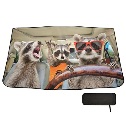 Funny Raccoon Driving Windshield Sun Shade Umbrella Animal Foldable Car Front Window Sunshade Blocks UV Rays Heat Keep Vehicle Cool (multi 5)