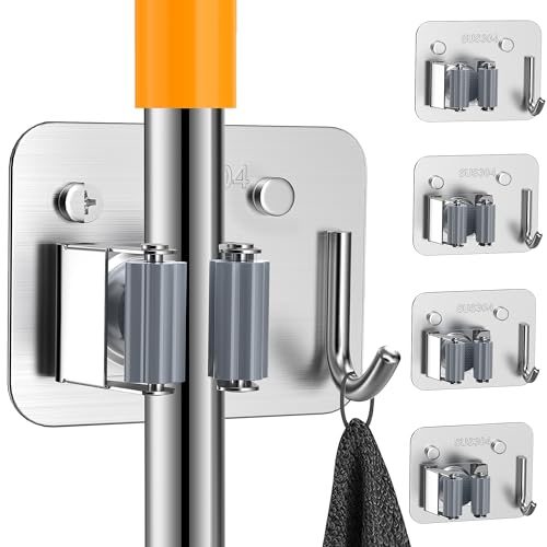 4 Pack Stainless Steel Heavy Duty Broom Holder Wall Mount with Hook (C-Sliver / 4PCS Gripper)