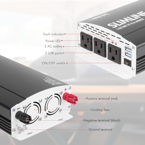 EL3722 1500W Slim Line AC to DC Power Inverter 1500W TrueRated Continuous 3000W Surge Power DC 12V to AC 110V Power Inverter with 2 AC Outlets and 2A USB Charging Port (1500W - 12V)