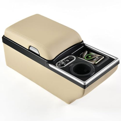 Universal Car Center Console with Wireless Charging & Cup Holder (Wireless Charging / Beige)