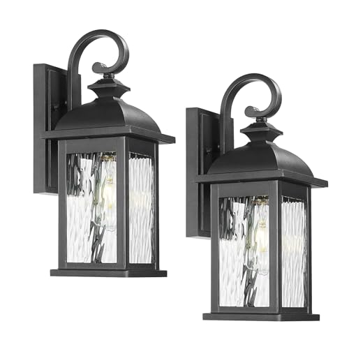 2 Packs Outdoor Waterproof Wall Lights Fixture (Matte Black, Water Ripple Glass / 15", 2 Pack)