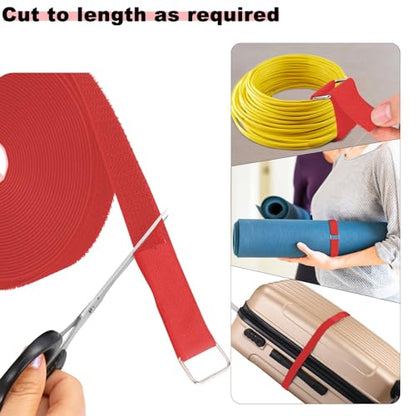 1"x16ft Hook and Loop Straps with 25 Metal Buckles (1in x 16ft Red)