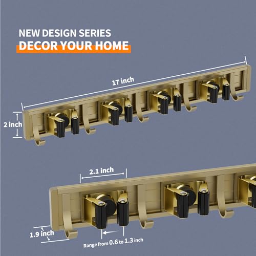 Broom Holder Wall Mount Mop Hanger Tools organizer 4Racks 5Hooks (Bronze)