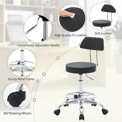 Rolling Stool with Back (Black / With Back & Footrest)