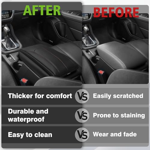 Armrest Cover for Subaru Forester 2025 Accessories (21) 25+ |Forester| Black/Brown Stitching, +Thick)