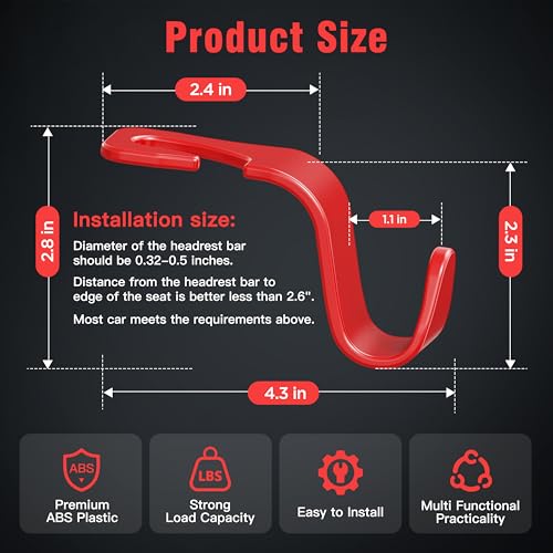4 Pack Car Headrest Hooks Holds 55lbs Seat Storage Organizer for Bags (Red)