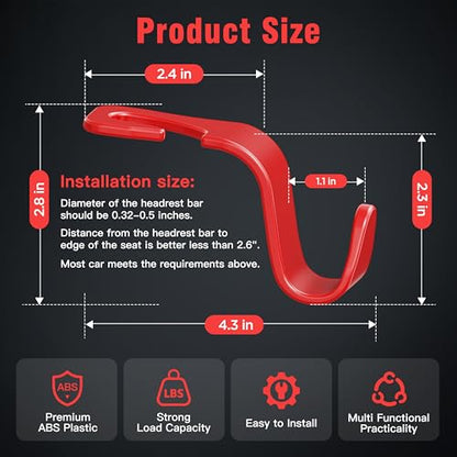 4 Pack Car Headrest Hooks Holds 55lbs Seat Storage Organizer for Bags (Red)