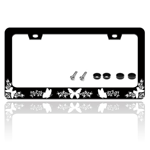 Black White Butterfly License Plate Frame Stainless Steel 6.3 X 12.2 Inch (Black White Butterfly)
