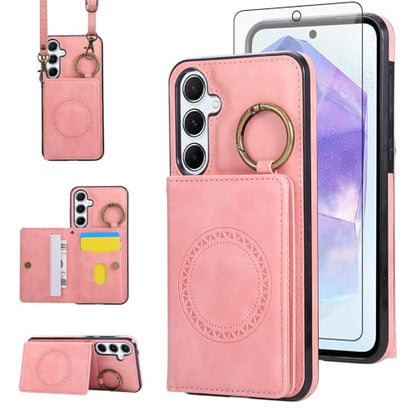 Compatible with Samsung Galaxy S23 FE 5G Wallet Case and Screen Protector Crossbody Shoulder Strap Ring Buckle Stand Card Holder Magnetic Car Mount Phone Cover for S 23 EF S23FE 23S Women Men Pink (Rose Gold / for S23 FE)