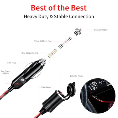 12 24V 4.9FT 16AWG Car Cigarette Lighter Extension Cord (4.9 ft)