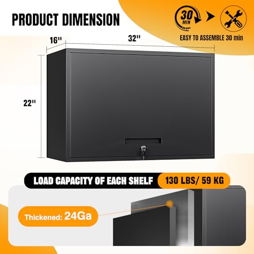 Metal Wall Storage Cabinet Adjustable Shelf 22'' Tall Steel Garage Wall Mounted Cabinet Lockable Floating Garage Storage Shop Trailer Tool Assembly Required (Black / 22" Tall)