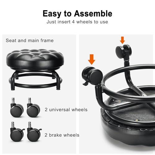 Low Height Rolling Stool Roller Stool PU Leather Comfortable Seat 360°Swivel Rotating (Style 1)