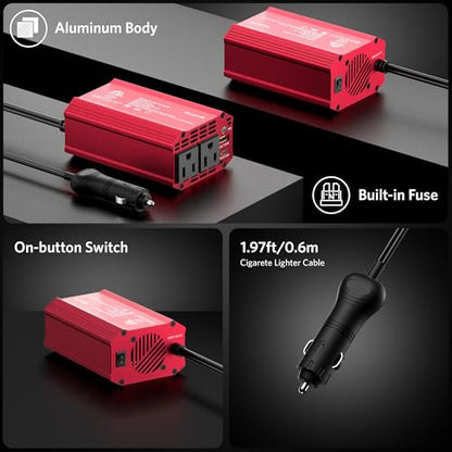 300W Power Inverter DC 12V to 110V AC Car Outlet Adapter with USB (Red)