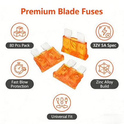 80Pcs) 5 Amp Standard Fuse, 5A Car Blade Fuses for Car/RV/Truck/SUV/Motorcycle/Boat (5A)