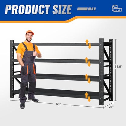 68" W Storage Shelves 8000lbs Garage Metal Shelving Heavy Duty Garage Shelves Adjustable Storage Shelves for Industrial (Black / 68" W X 24" D X 63.5" H)