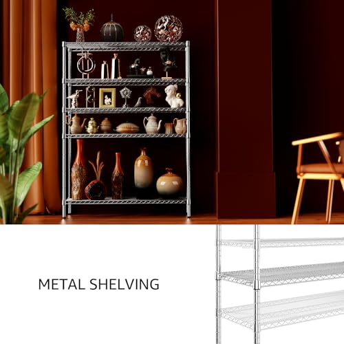 4250 LBS Garage Shelving Wide Storage Shelves 5 Tier Metal Shelves Heavy Duty Adjustable Utility Shelf Rack Chrome 17.7" D x 59.1" W x 70.4" H (5 Tier, 17.7" D x 59.1" W x 70.4" H / Chrome)
