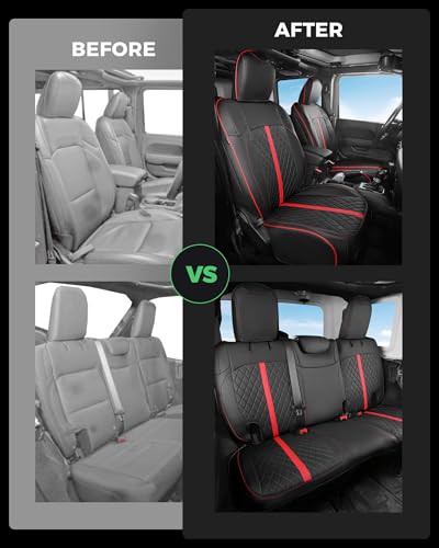 for Jeep Wrangler Leather Custom Car Seat Covers Full Set 4 Door (Black with Red Trim / JL 18-26 4Door Without Rear Cup Holder)