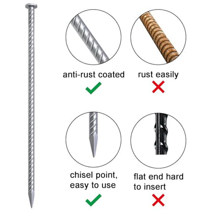 Rebar Stakes 12 Inch Galvanized Metal Steel Ground Spikes Heavy Duty (T-12 Inch-16 Pcs / T-12 Inch-Φ1/2"-Galvanized)