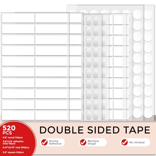 520pcs Double Sided Tape Wall Nano Sticky Dots Mounting Putty Two Sided Adhesive Strong Sticky Tack Multi (0.8 inch / Round 140, strips 40, square 140, oval 200)