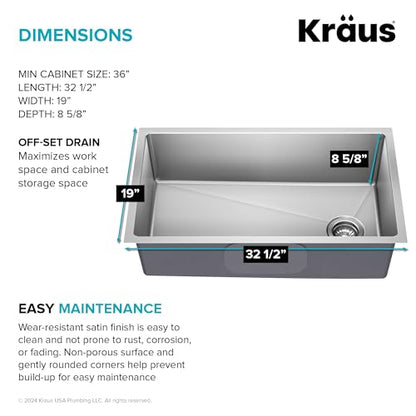 Stainless Steel 33 in 18 Gauge Undermount Kitchen Sink KHU640 (33 Inch / Single Bowl — Undermount)
