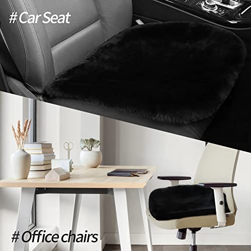 Genuine Sheepskin Car Seat Cushion Seat Covers for Cars Trucks SUV Comfort Seat Protector Pad for Car Driver Seat Car Accessories for Women Office Chair Car Decor (Black / Front Seat Cushion-1 Pc)