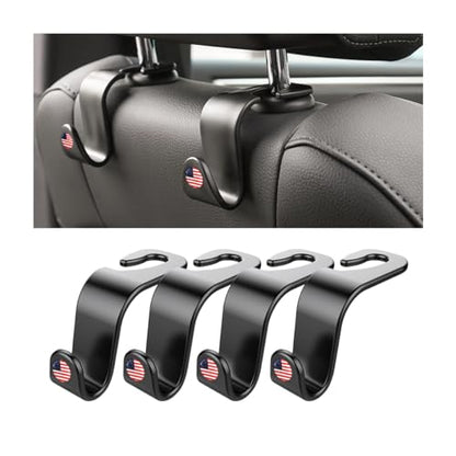 4 Pack Headrest Hooks for Vehicle Seats (Black/Red Flag)