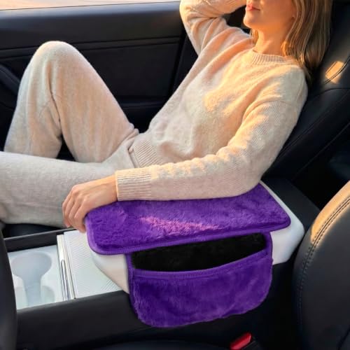 Plush Fuzzy Fur Car Armrest Cover with Side Pockets